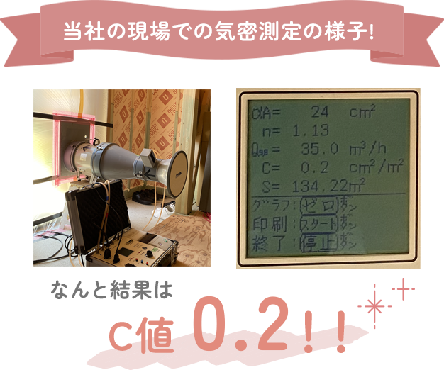 当社の現場での気密測定の様子!なんと結果はC値0.2